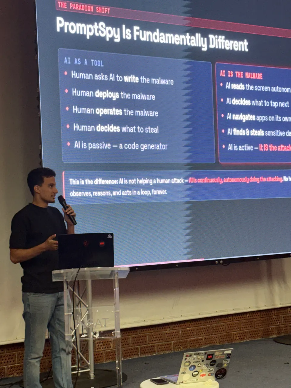 Khalil explaining PromptSpy and the role of AI during a cybersecurity workshop.